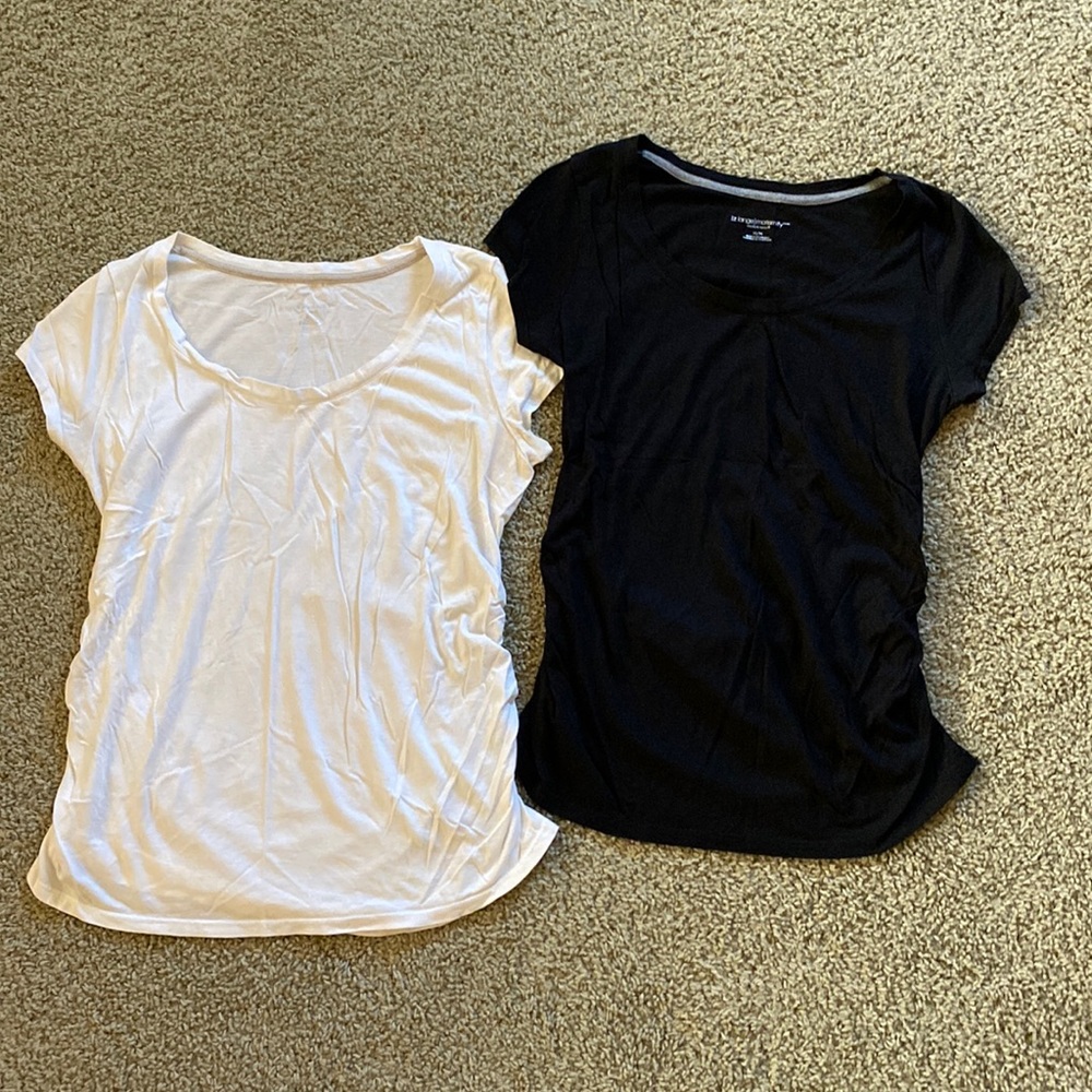 Black and white scoop neck maternity t-shirts.